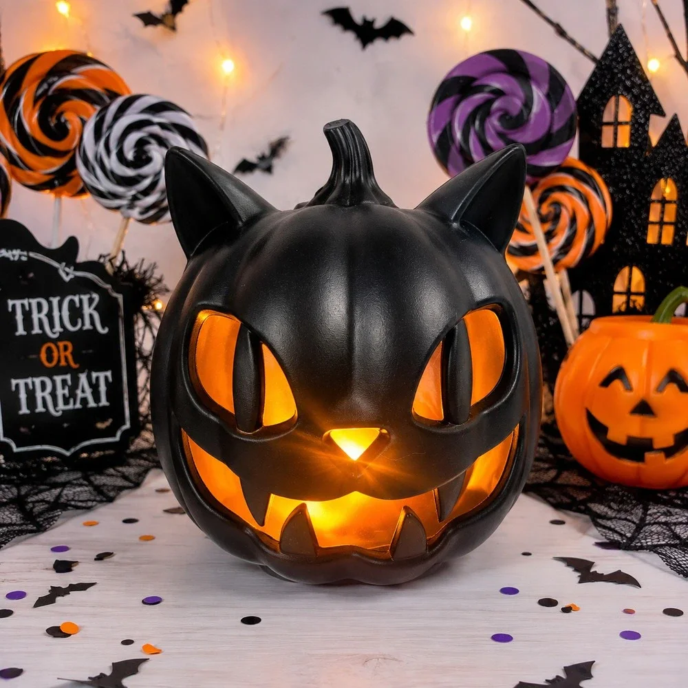 Unbranded Black Cat Pumpkin Halloween Decor 8in Black New LED Jack O Lantern